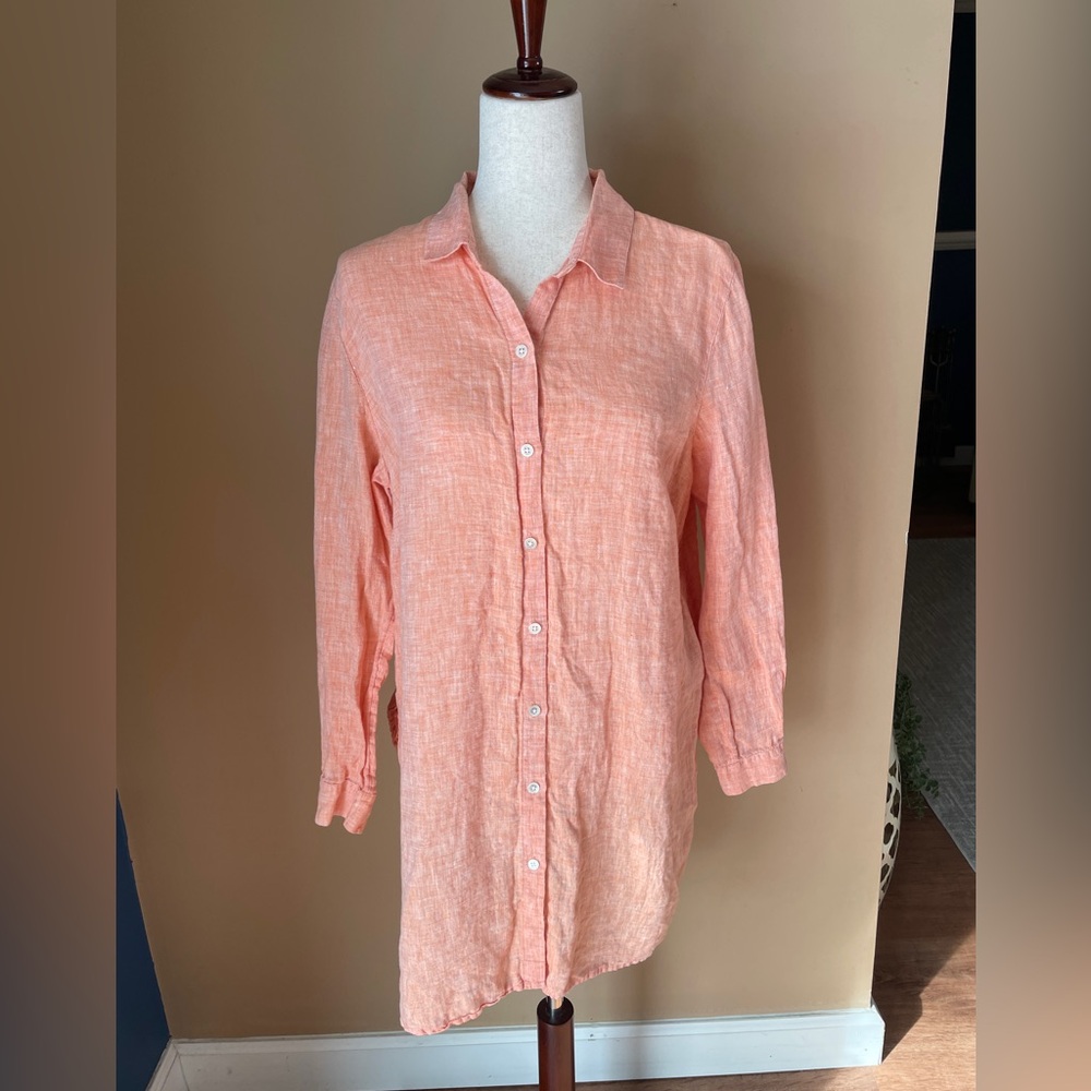 J Jill Linen Button Down Shirt Size Large Womens Long Sleeve‎ Speckled Natural